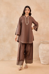 Mocha Brown Gota Piped Farsi Salwar Co-ord Set