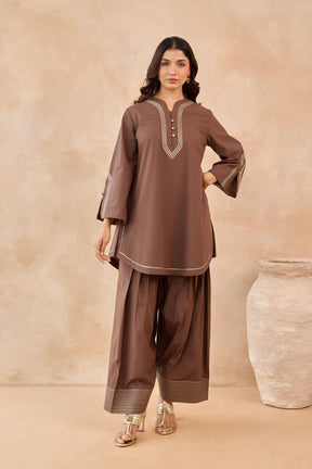 Mocha Brown Gota Piped Farsi Salwar Co-ord Set