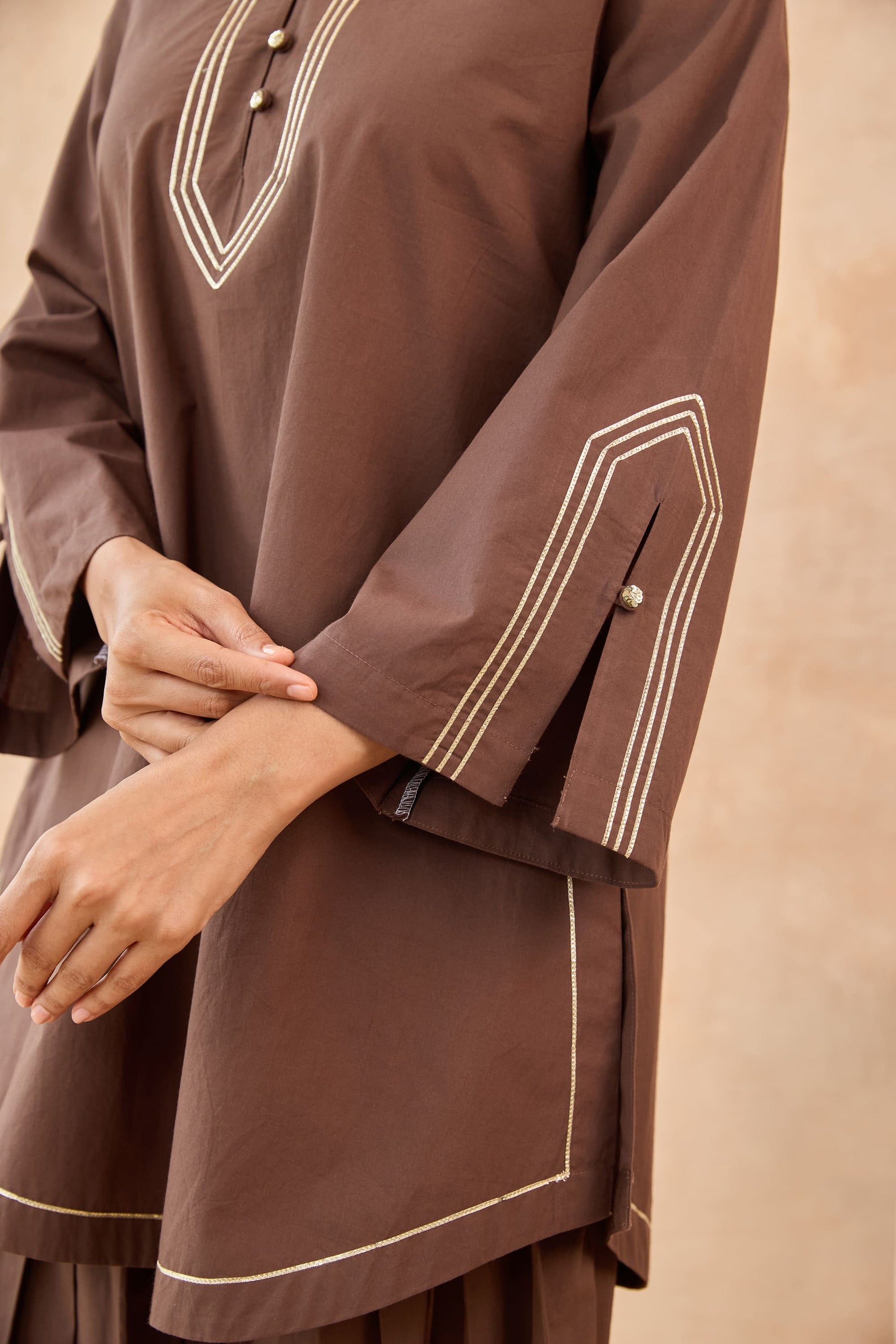 Mocha Brown Gota Piped Farsi Salwar Co-ord Set