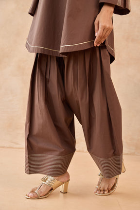 Mocha Brown Gota Piped Farsi Salwar Co-ord Set