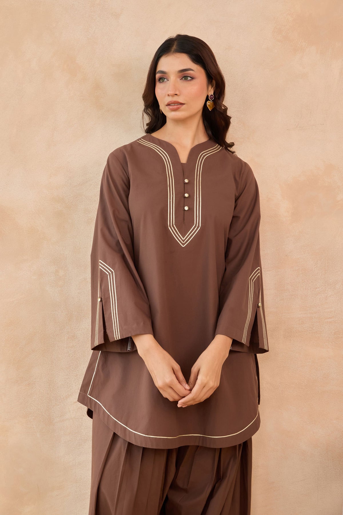 Mocha Brown Gota Piped Farsi Salwar Co-ord Set