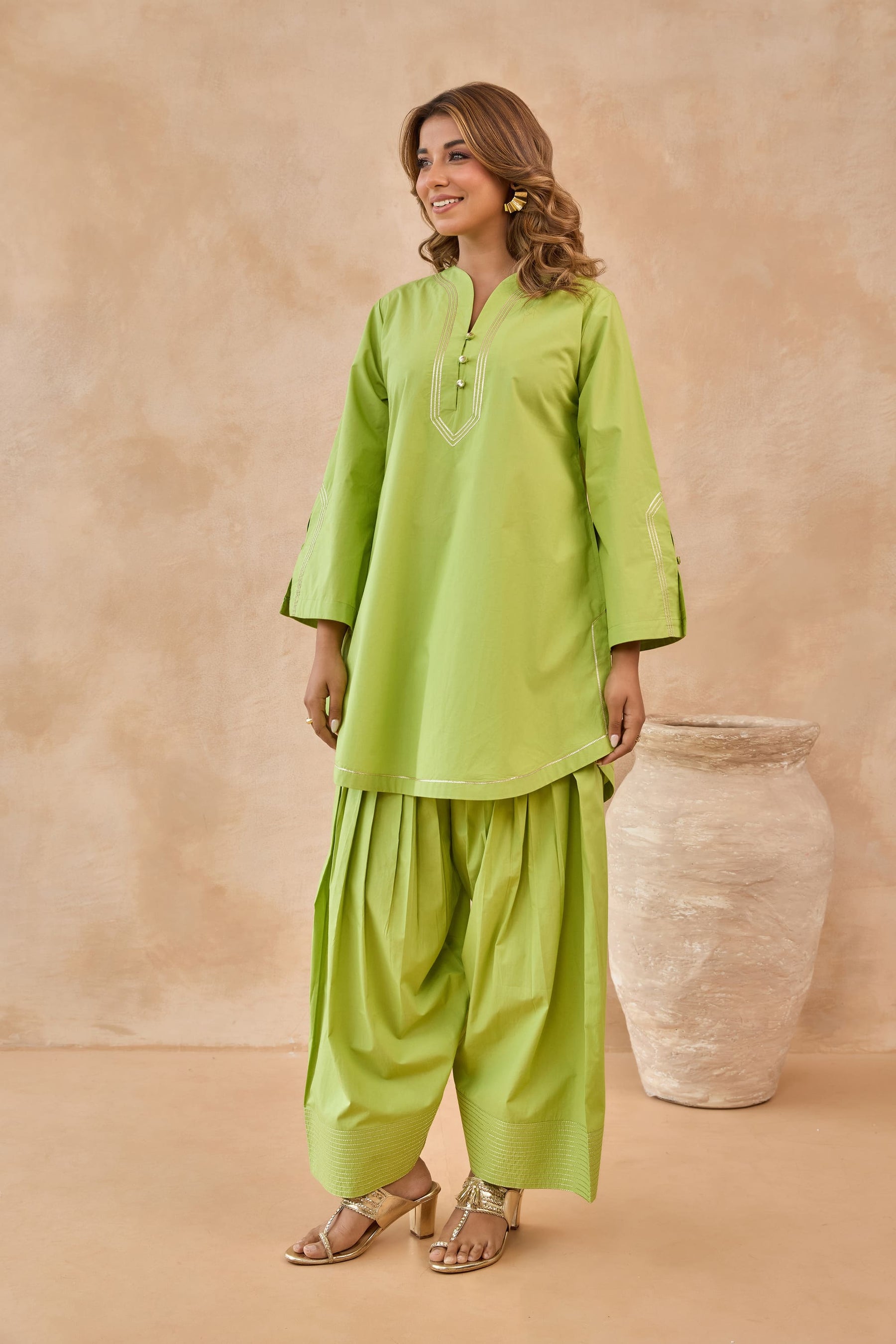 Lime Green Gota Piped Farsi Salwar Co-ord Set