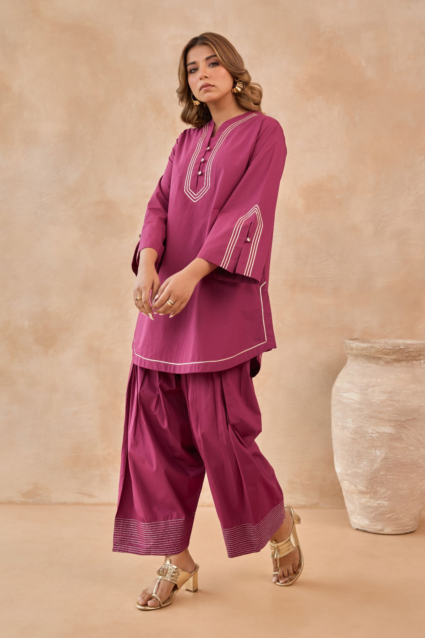 Wine Magenta Gota Piped Farsi Salwar Co-ord Set