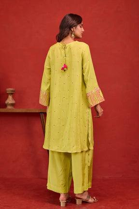 Lime Green Bandhani Print Embroidered Art Silk Co-ord Set