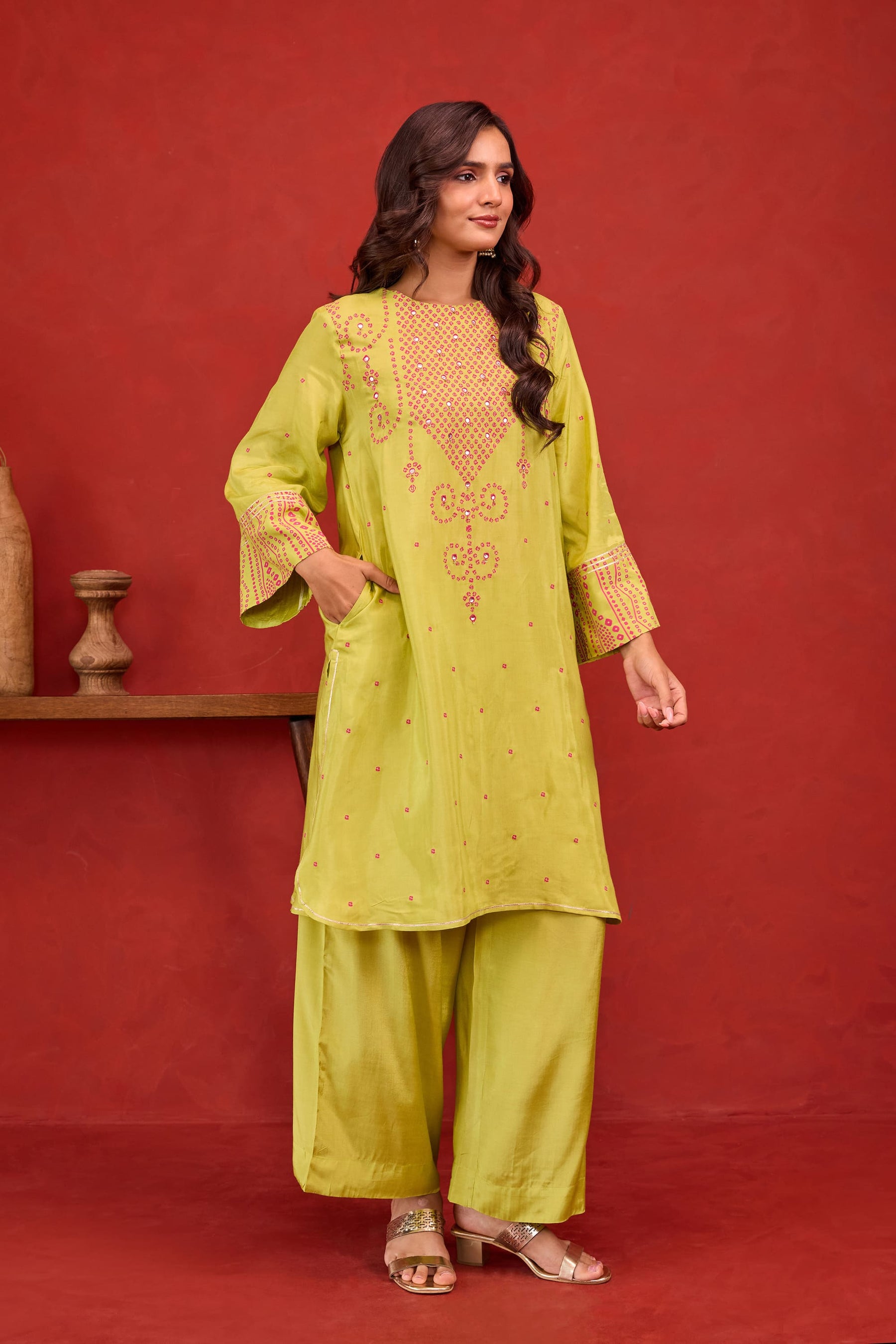 Lime Green Bandhani Print Embroidered Art Silk Co-ord Set