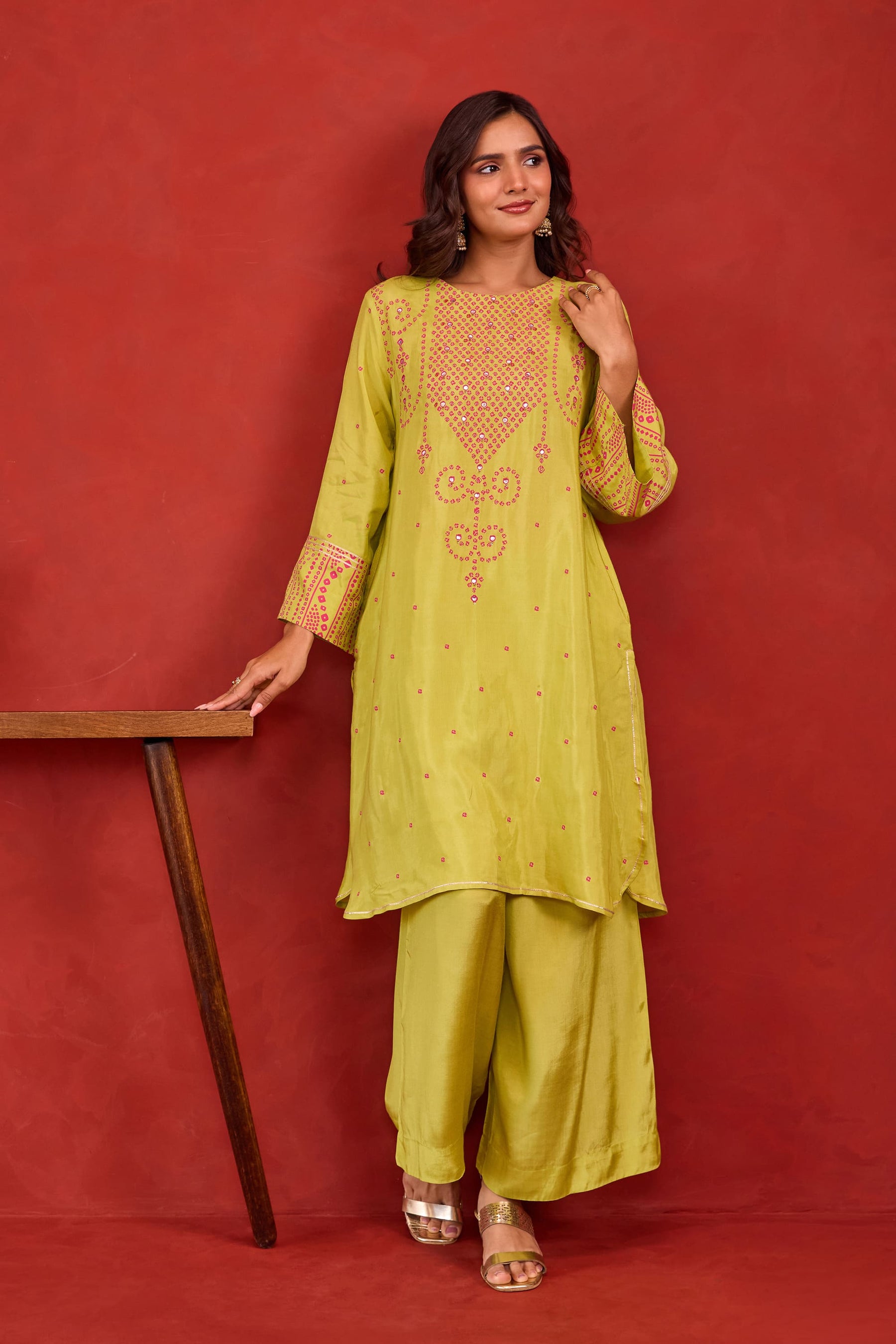 Lime Green Bandhani Print Embroidered Art Silk Co-ord Set