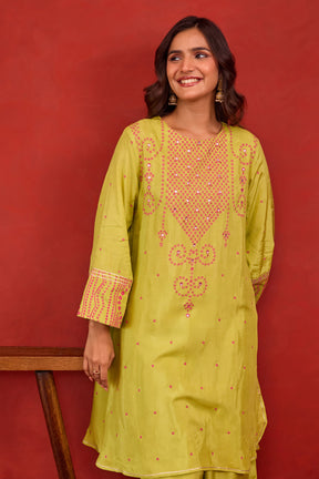 Lime Green Bandhani Print Embroidered Art Silk Co-ord Set