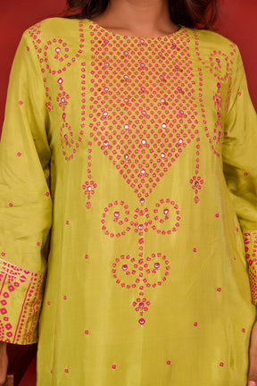 Lime Green Bandhani Print Embroidered Art Silk Co-ord Set