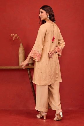 Beige Bandhani Print Embroidered Art Silk Co-ord Set
