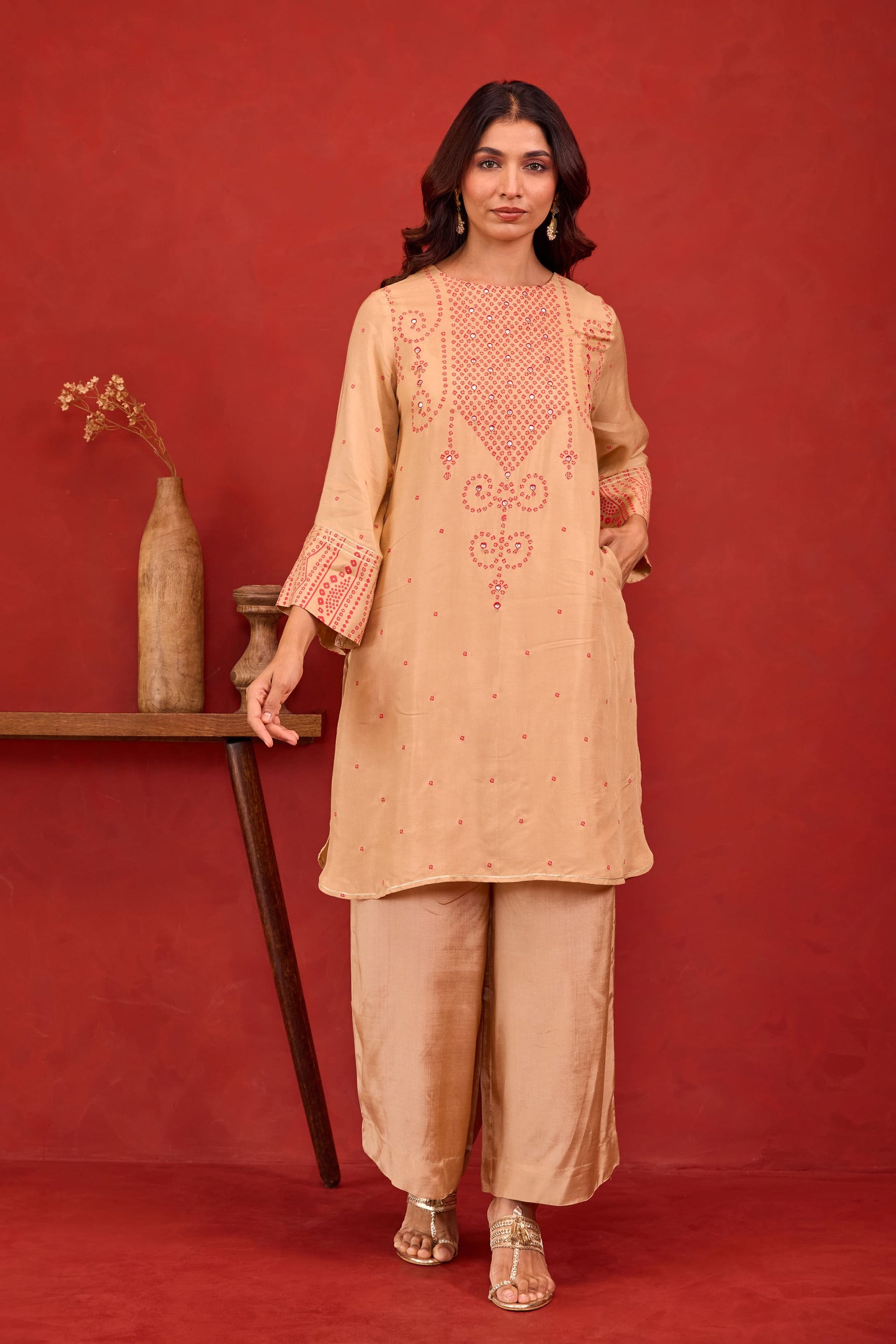 Beige Bandhani Print Embroidered Art Silk Co-ord Set