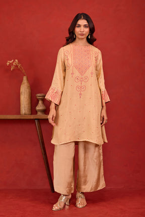 Beige Bandhani Print Embroidered Art Silk Co-ord Set