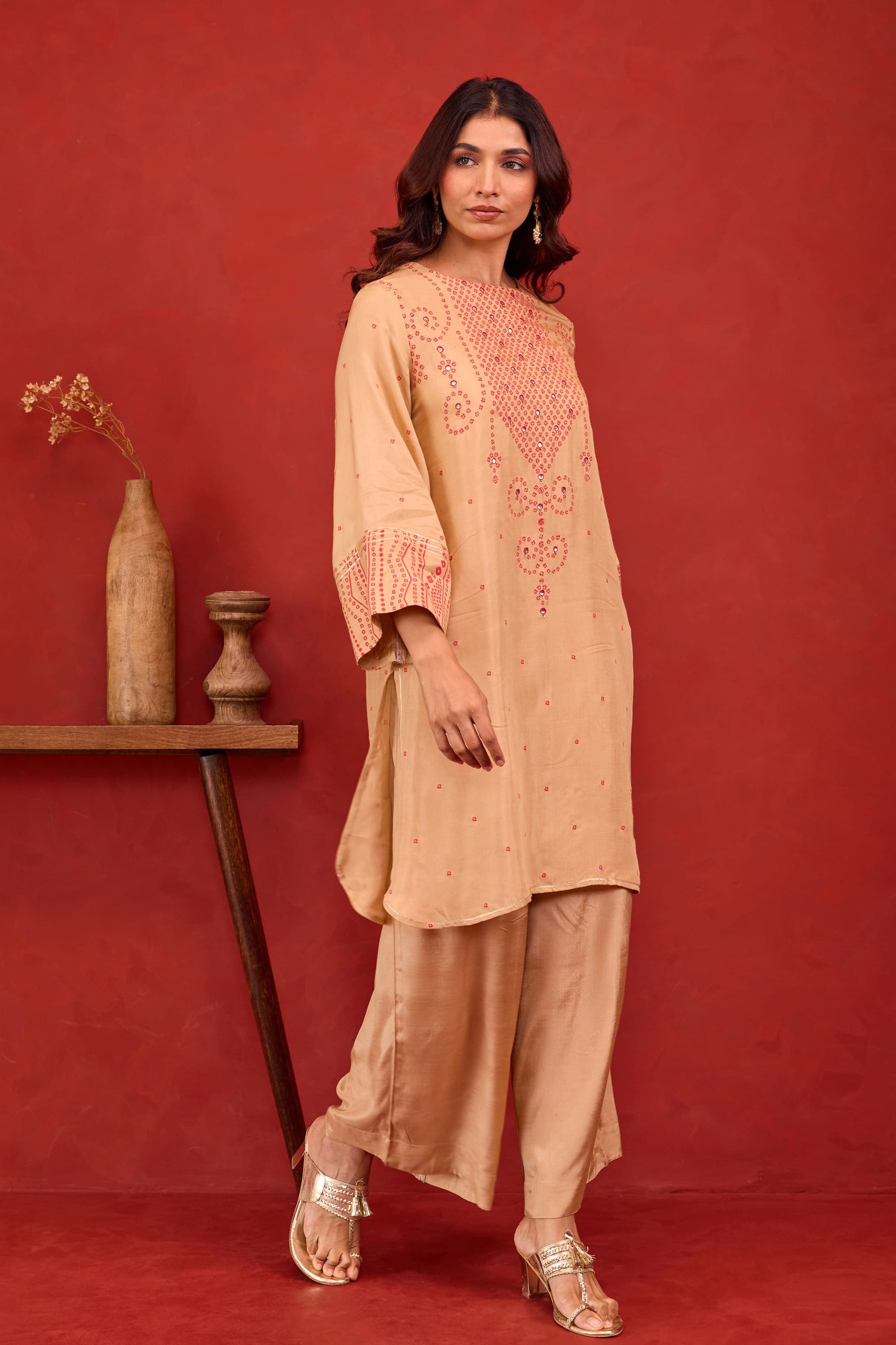 Beige Bandhani Print Embroidered Art Silk Co-ord Set