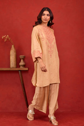 Beige Bandhani Print Embroidered Art Silk Co-ord Set