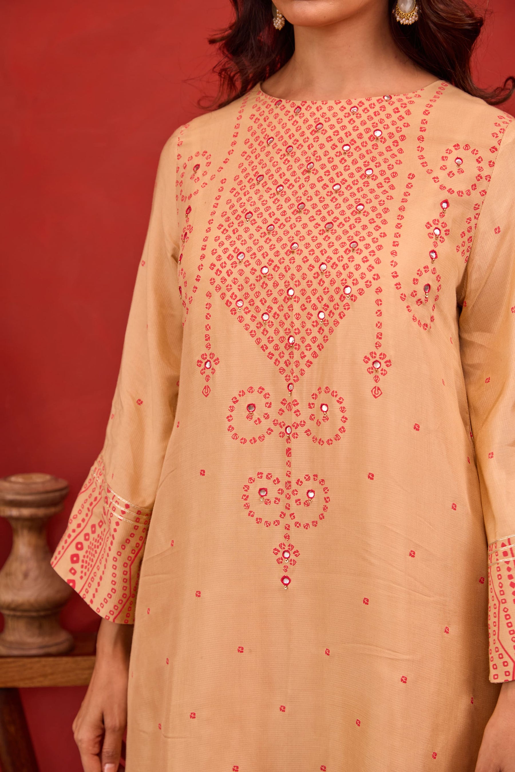 Beige Bandhani Print Embroidered Art Silk Co-ord Set