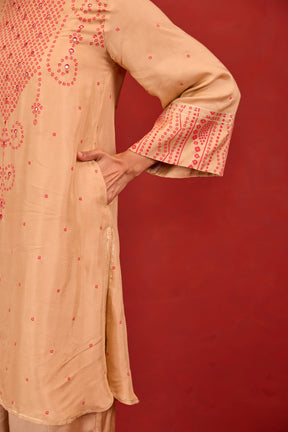 Beige Bandhani Print Embroidered Art Silk Co-ord Set