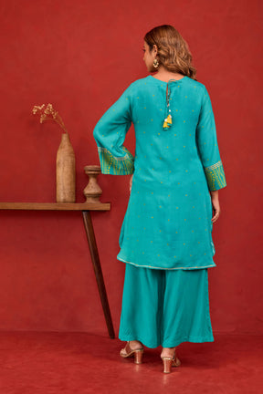 Teal Bandhani Print Embroidered Art Silk Co-ord Set