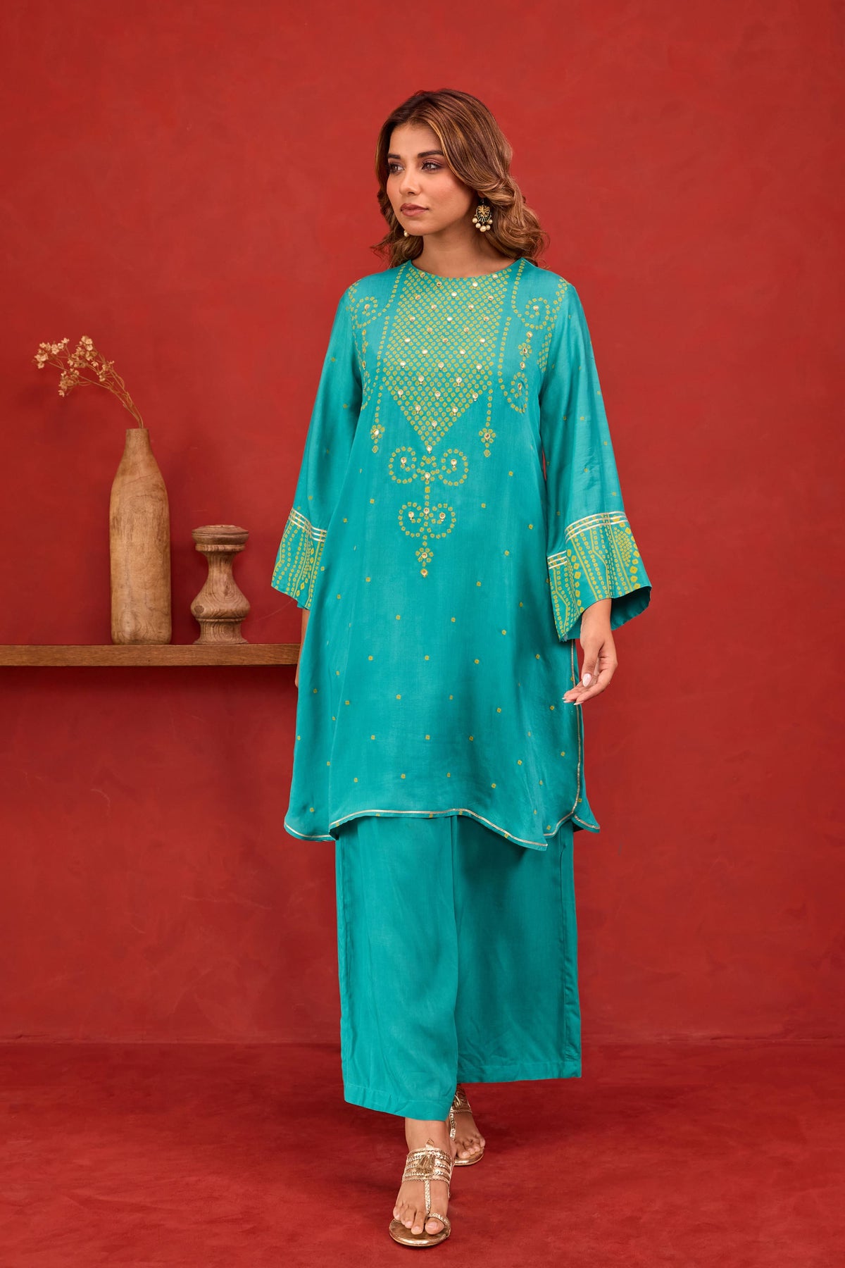 Teal Bandhani Print Embroidered Art Silk Co-ord Set