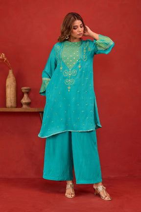 Teal Bandhani Print Embroidered Art Silk Co-ord Set