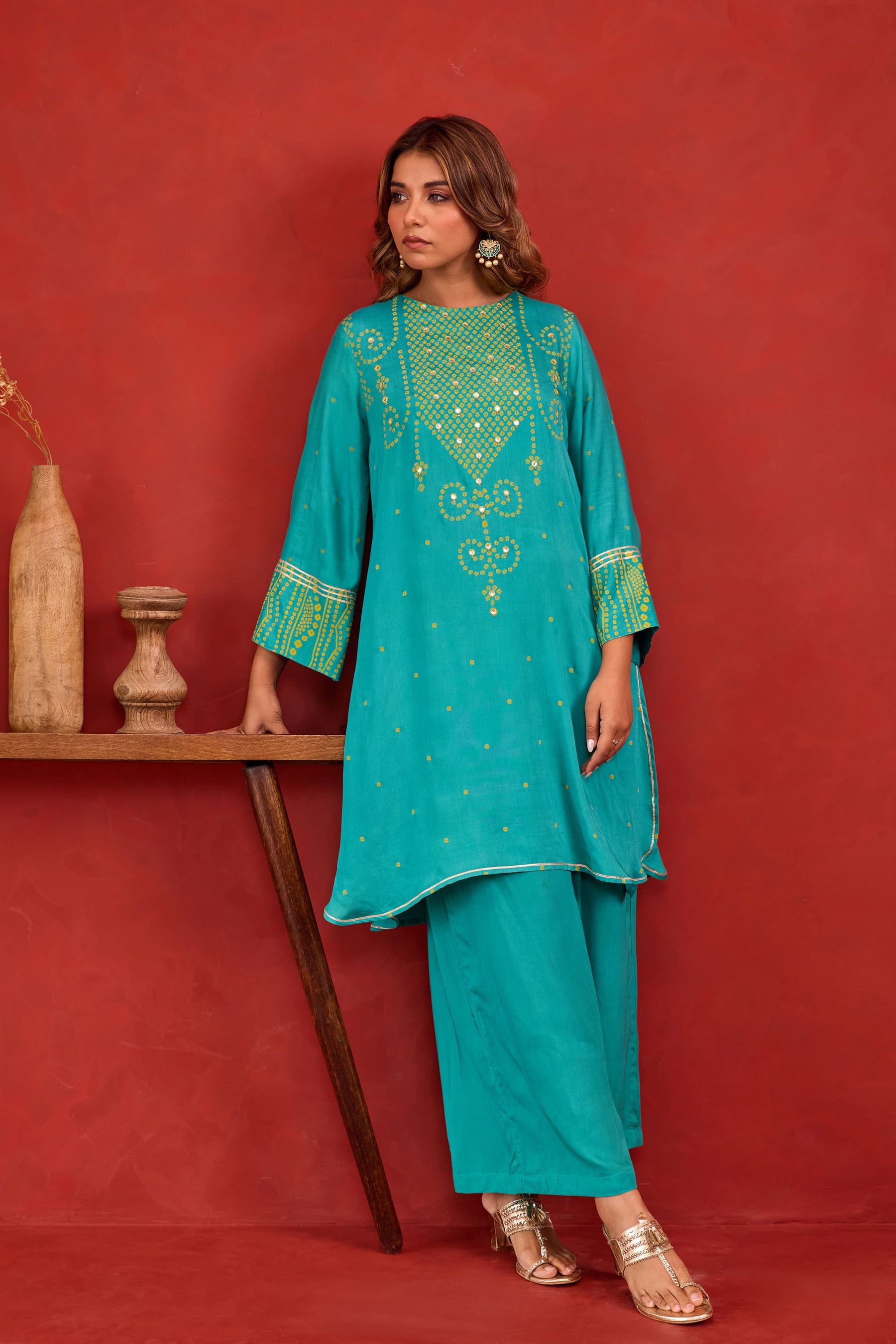 Teal Bandhani Print Embroidered Art Silk Co-ord Set