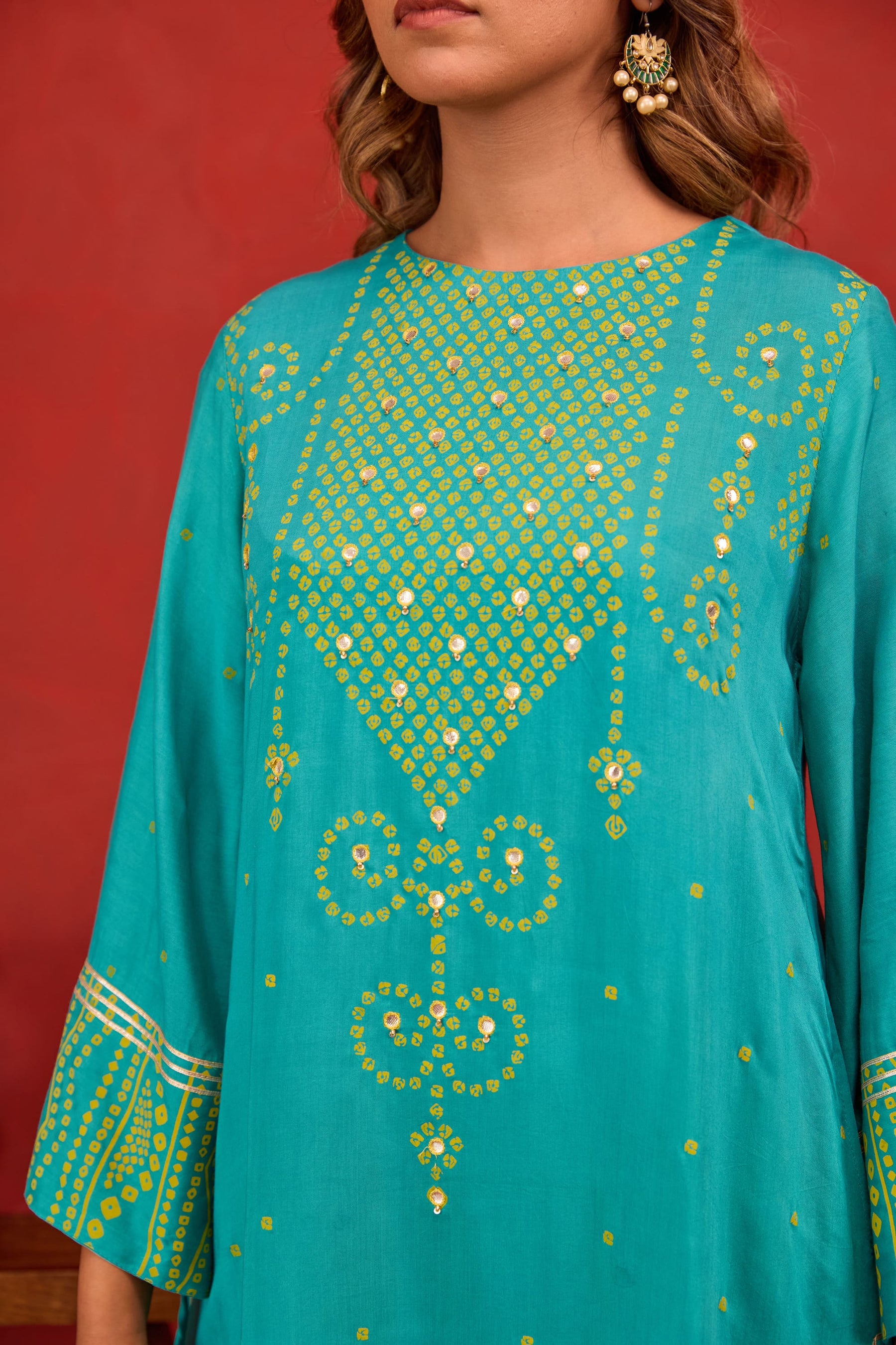 Teal Bandhani Print Embroidered Art Silk Co-ord Set