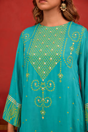 Teal Bandhani Print Embroidered Art Silk Co-ord Set
