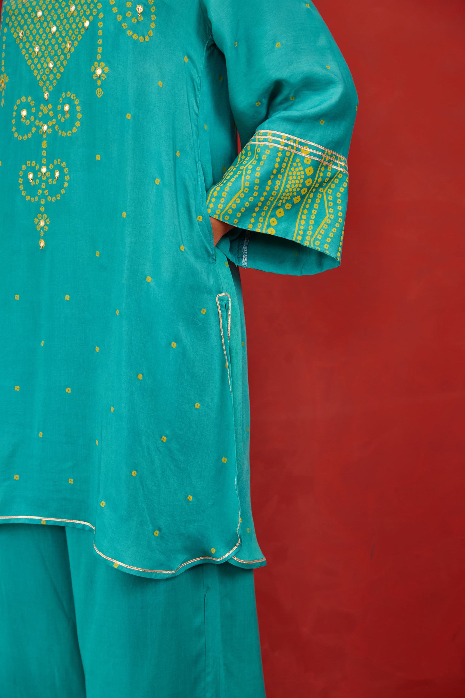 Teal Bandhani Print Embroidered Art Silk Co-ord Set