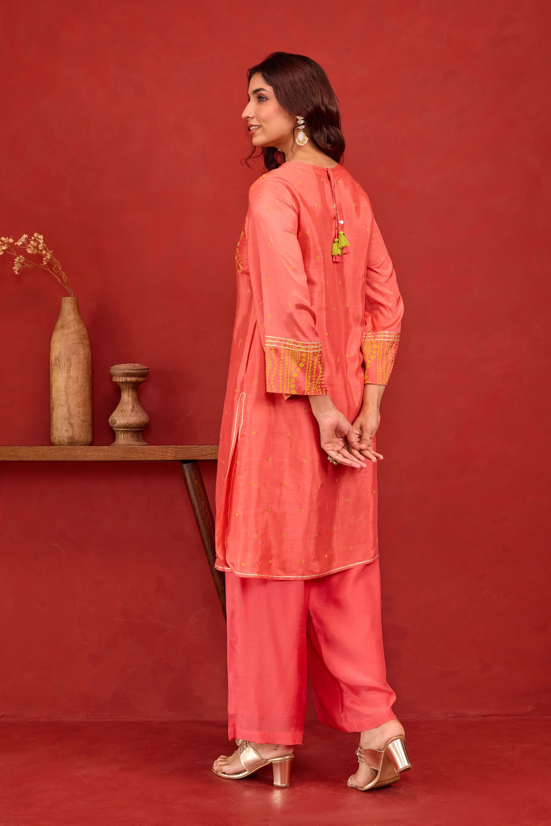 Coral Bandhani Print Embroidered Art Silk Co-ord Set