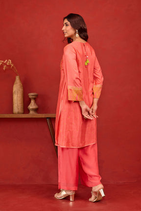 Coral Bandhani Print Embroidered Art Silk Co-ord Set
