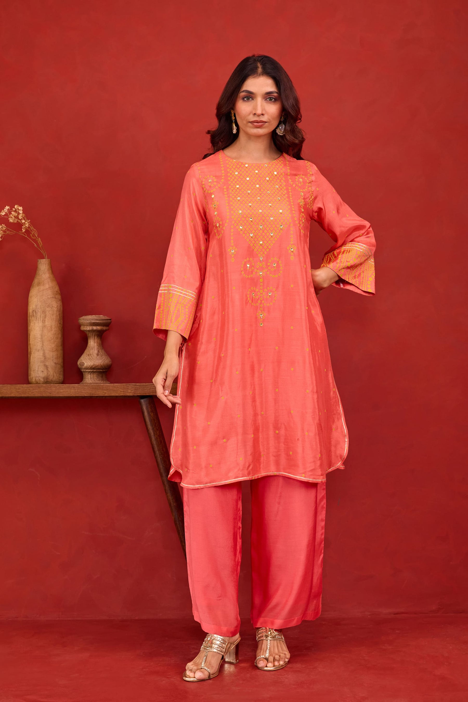Coral Bandhani Print Embroidered Art Silk Co-ord Set
