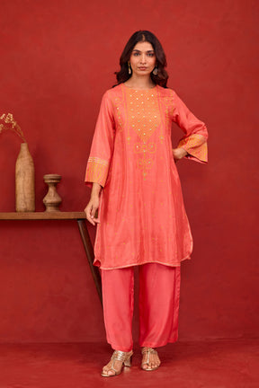 Coral Bandhani Print Embroidered Art Silk Co-ord Set