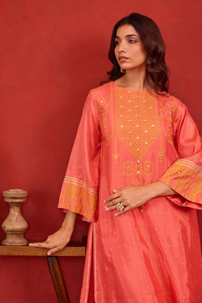 Coral Bandhani Print Embroidered Art Silk Co-ord Set