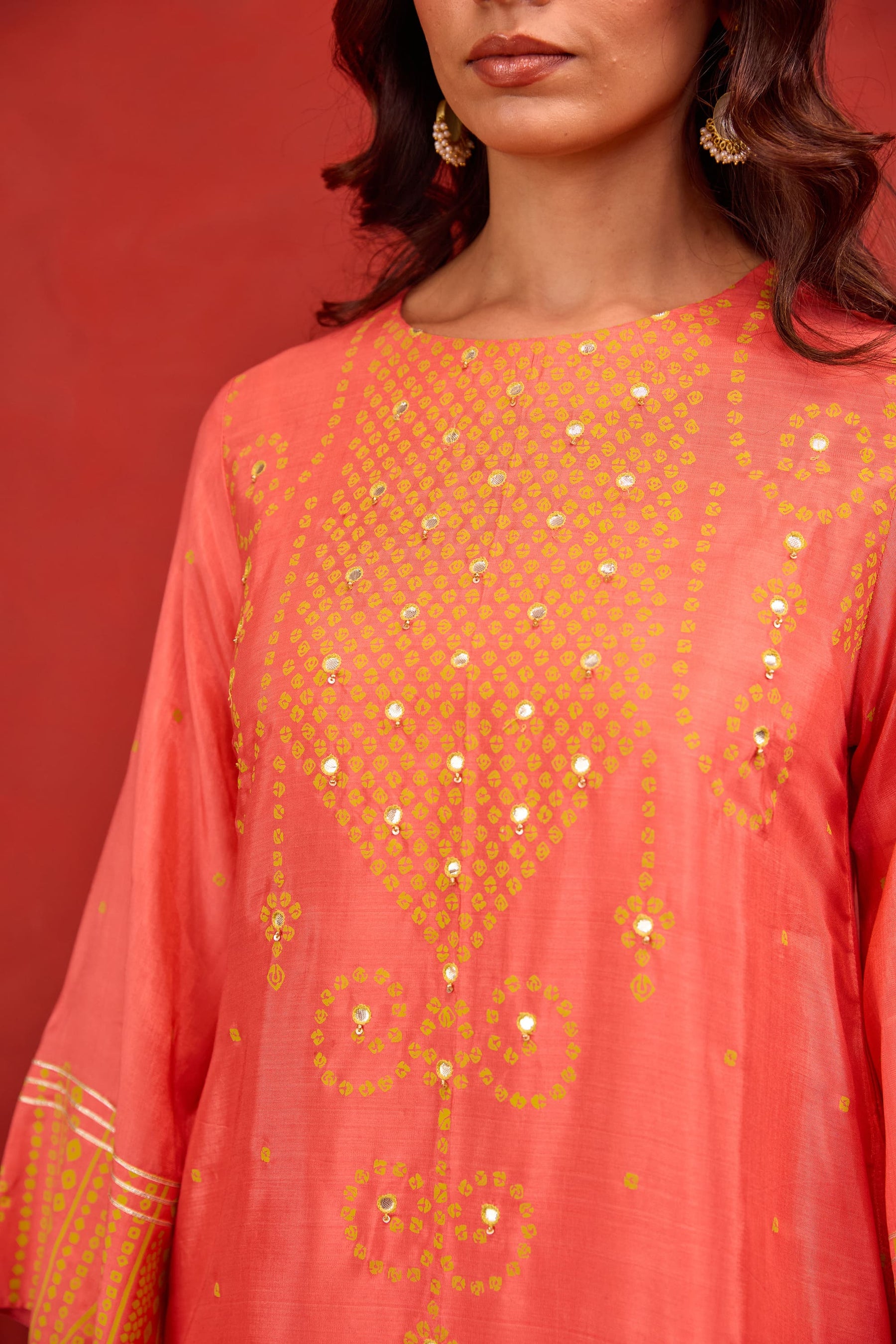 Coral Bandhani Print Embroidered Art Silk Co-ord Set