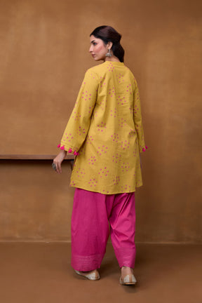 Mustard Bandhani Printed Kurta & Magenta Farsi Salwar Co-ord Set