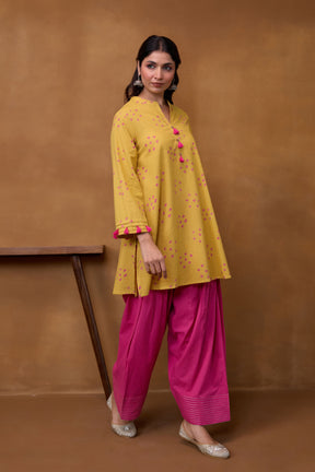 Mustard Bandhani Printed Kurta & Magenta Farsi Salwar Co-ord Set