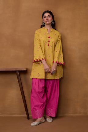 Mustard Bandhani Printed Kurta & Magenta Farsi Salwar Co-ord Set