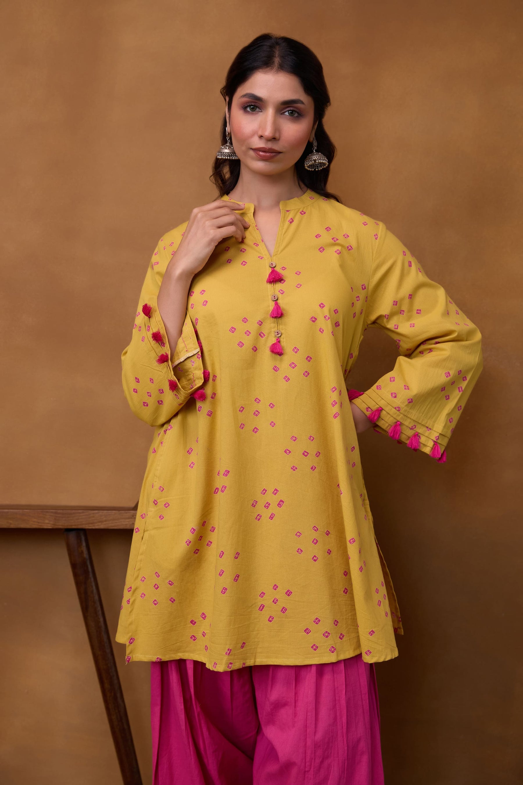 Mustard Bandhani Printed Kurta & Magenta Farsi Salwar Co-ord Set