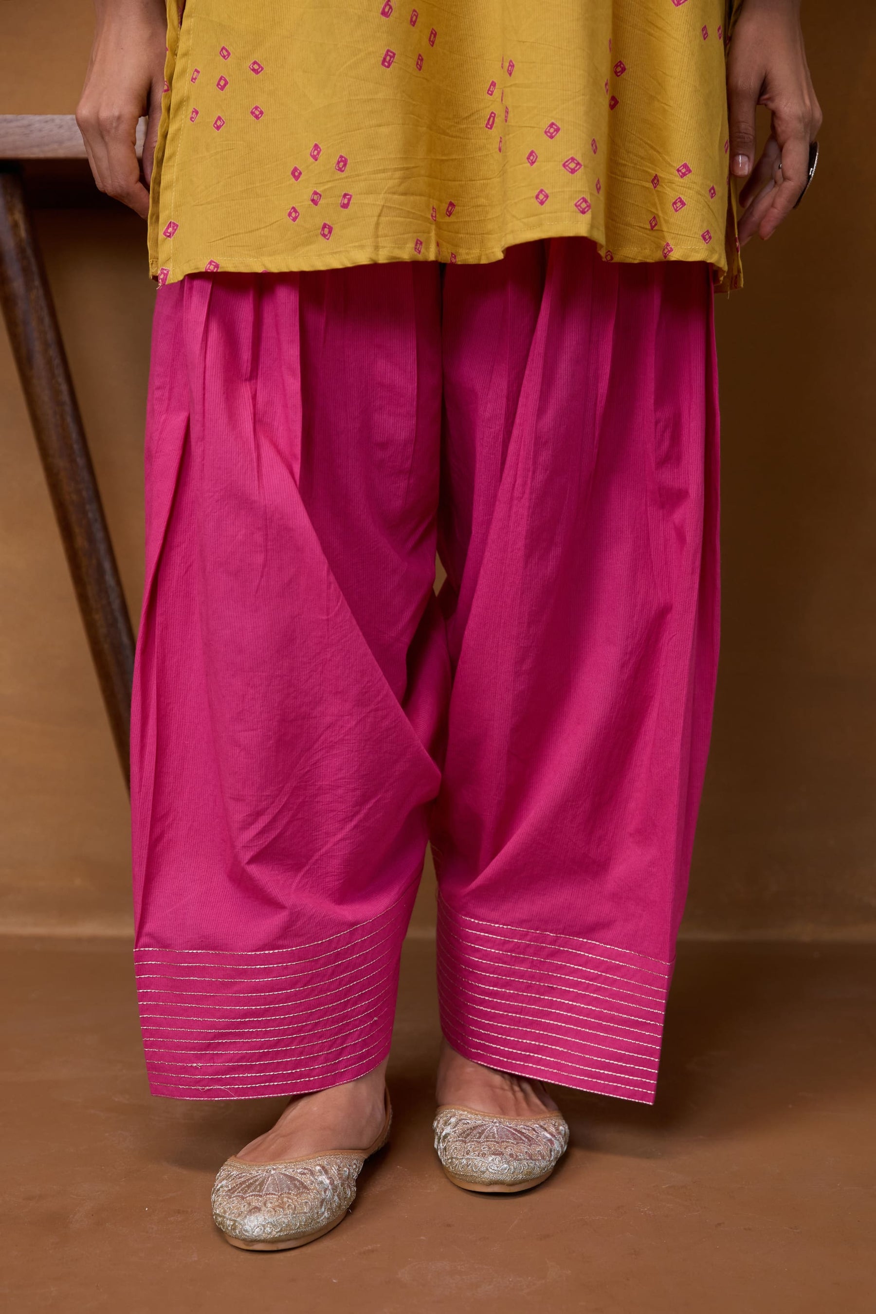 Mustard Bandhani Printed Kurta & Magenta Farsi Salwar Co-ord Set