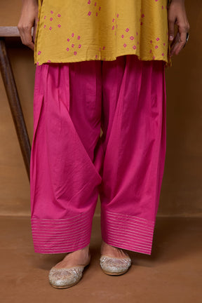 Mustard Bandhani Printed Kurta & Magenta Farsi Salwar Co-ord Set