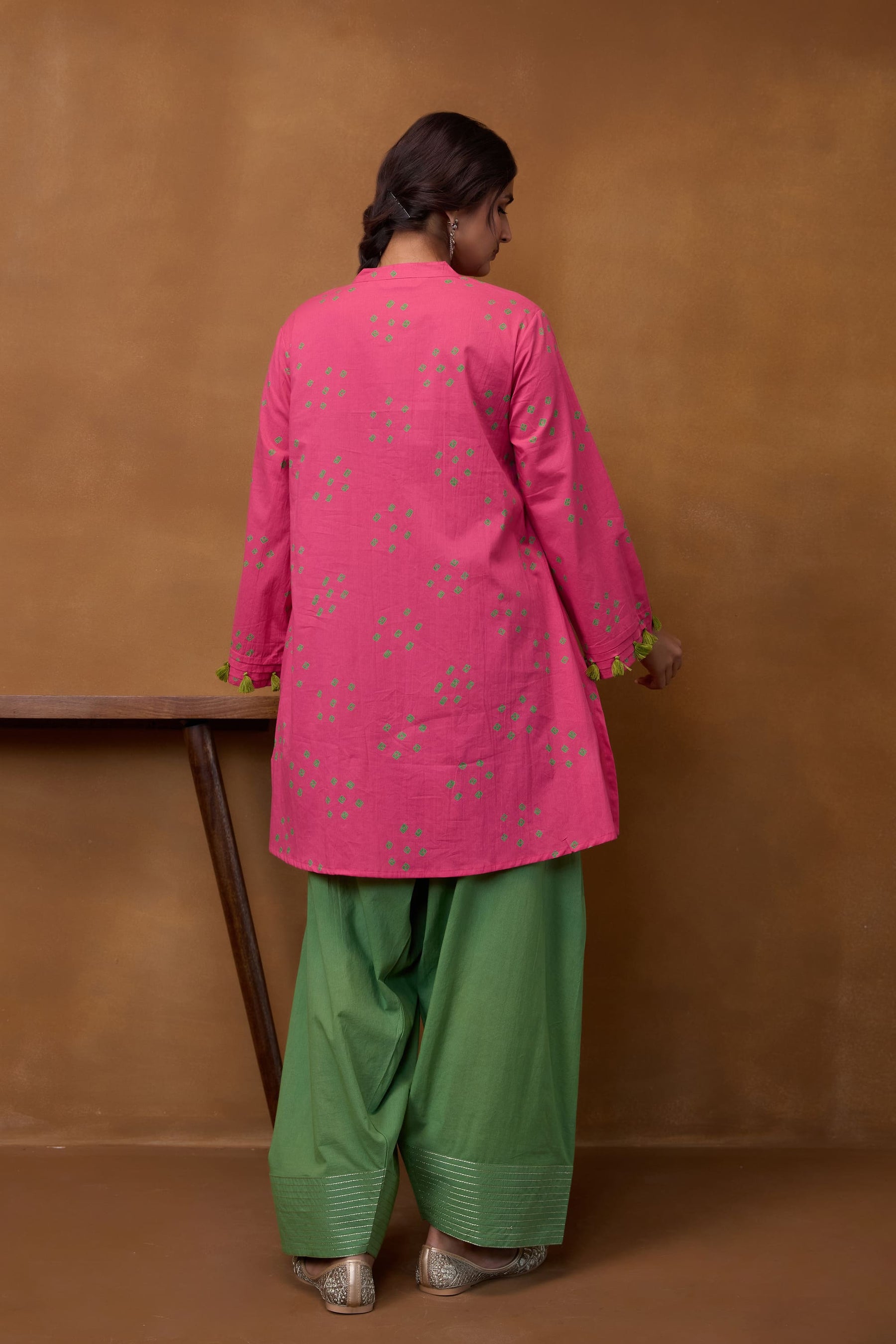 Pink Bandhani Printed Kurta & Green Farsi Salwar Co-ord Set