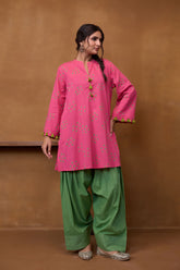 Pink Bandhani Printed Kurta & Green Farsi Salwar Co-ord Set