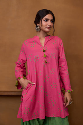 Pink Bandhani Printed Kurta & Green Farsi Salwar Co-ord Set