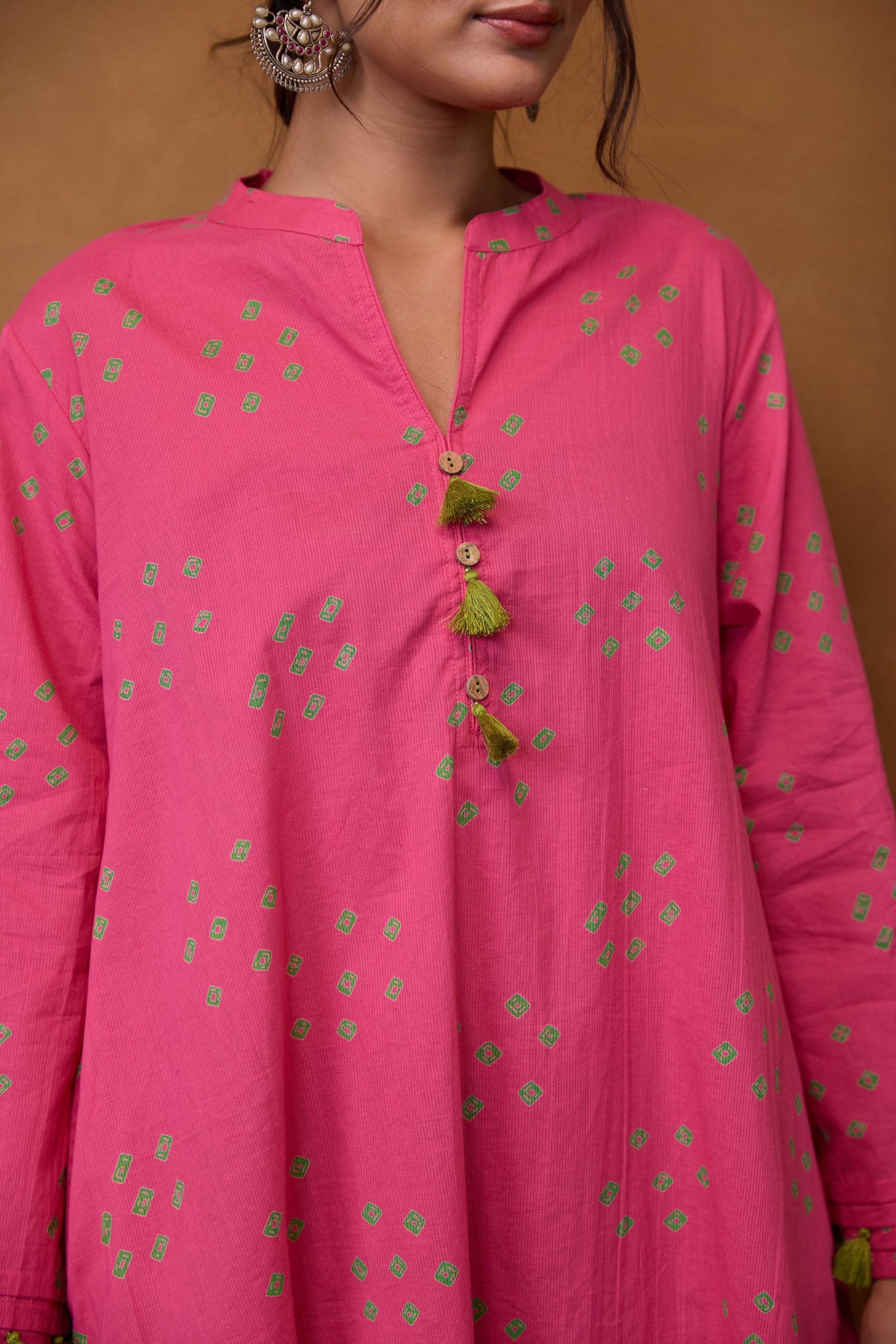 Pink Bandhani Printed Kurta & Green Farsi Salwar Co-ord Set