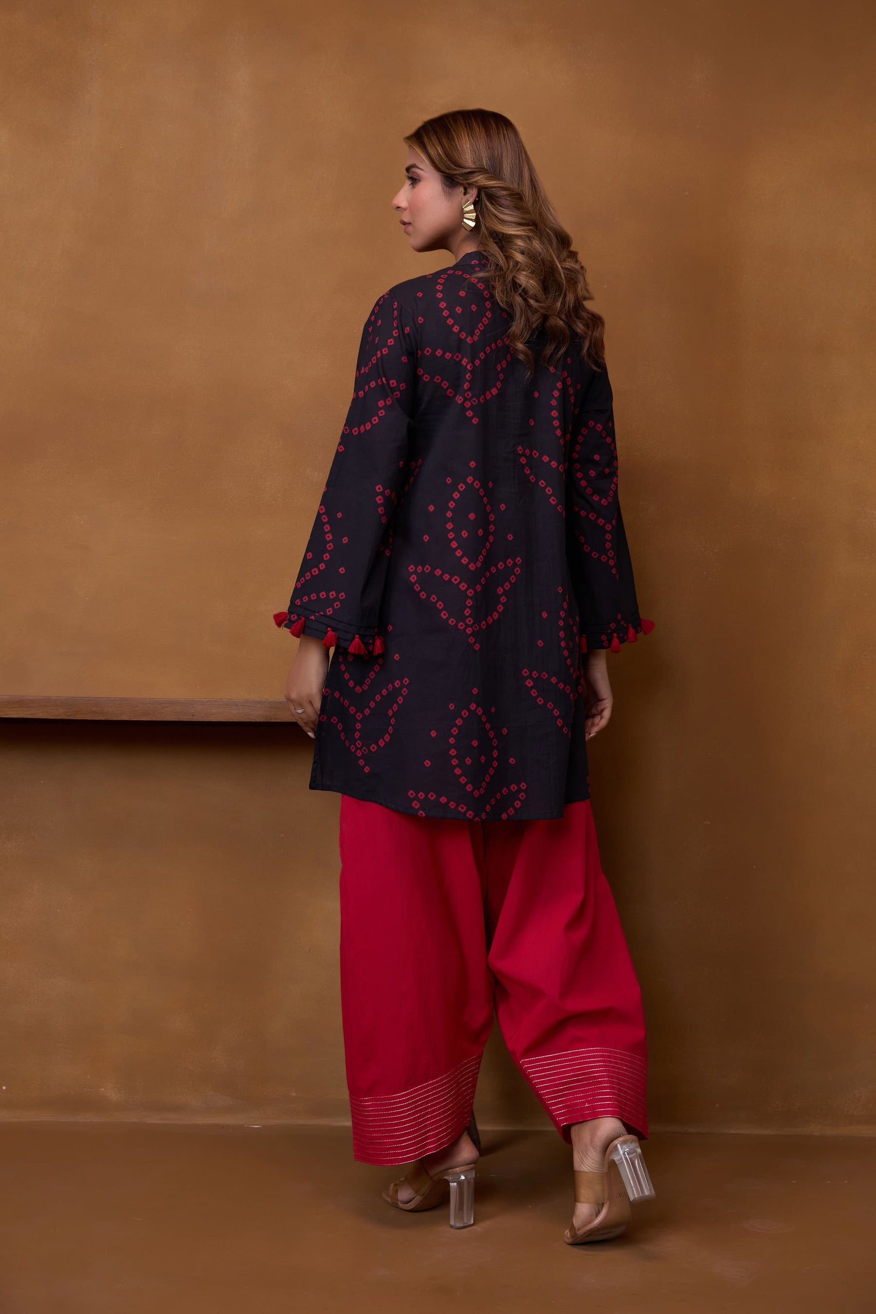 Black Bandhani Printed Kurta & Red Farsi Salwar Co-ord Set