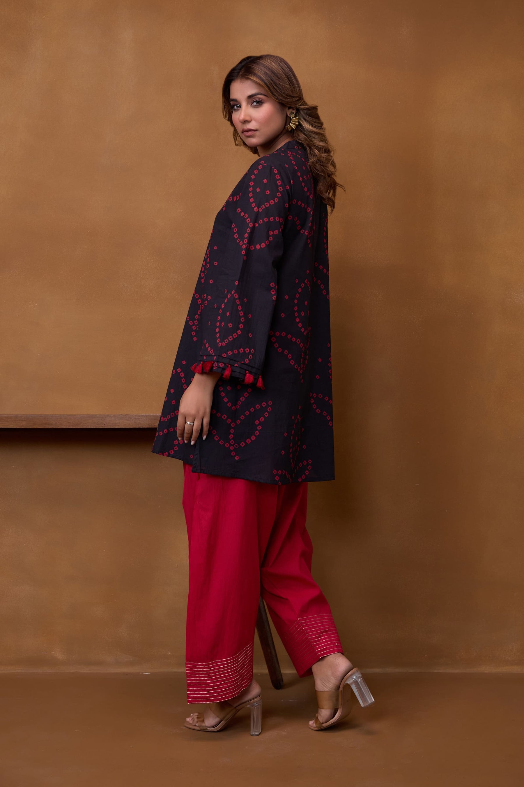 Black Bandhani Printed Kurta & Red Farsi Salwar Co-ord Set