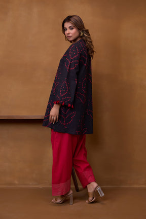 Black Bandhani Printed Kurta & Red Farsi Salwar Co-ord Set