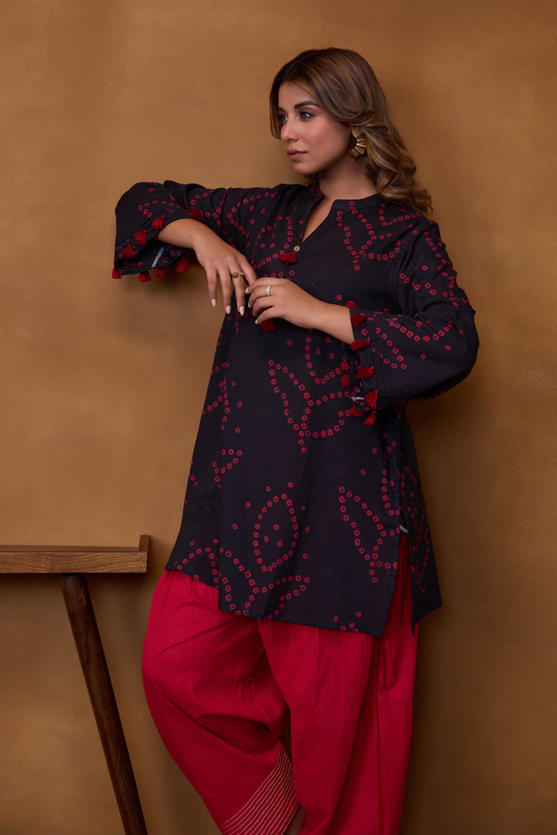Black Bandhani Printed Kurta & Red Farsi Salwar Co-ord Set