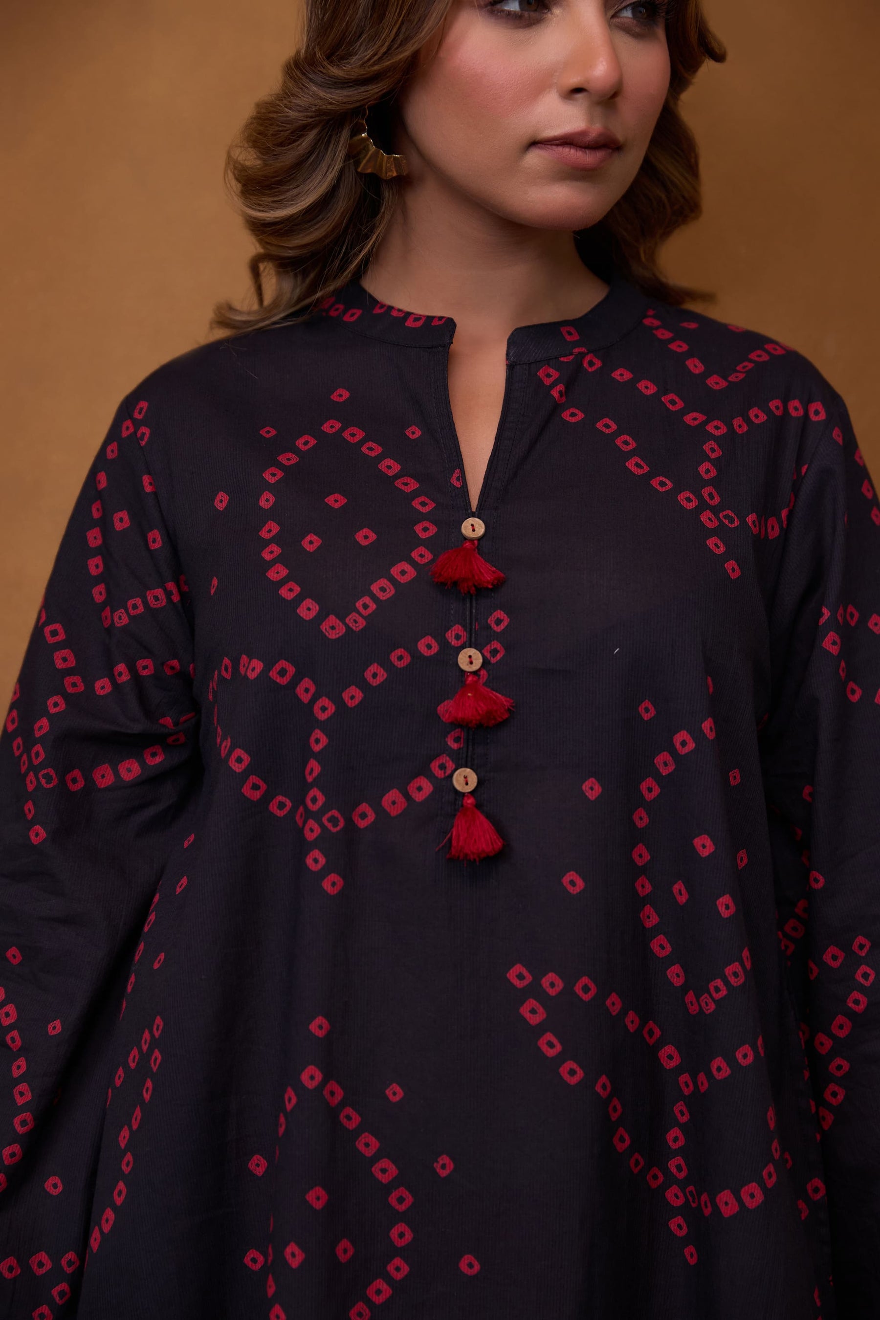 Black Bandhani Printed Kurta & Red Farsi Salwar Co-ord Set