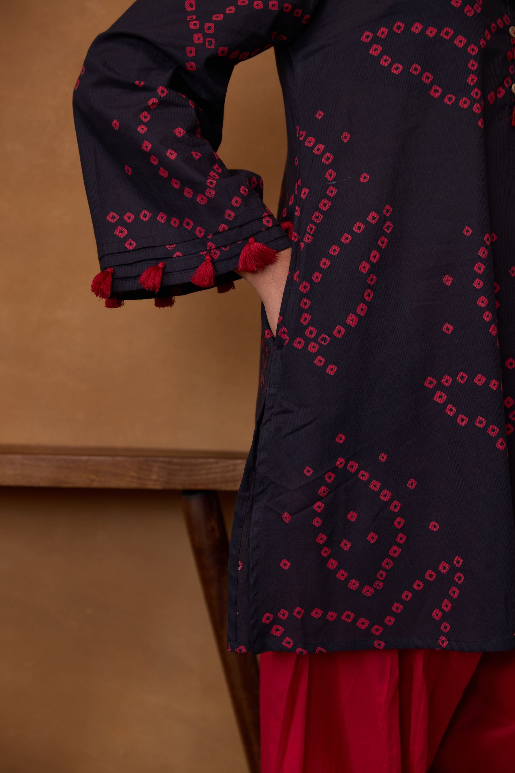 Black Bandhani Printed Kurta & Red Farsi Salwar Co-ord Set