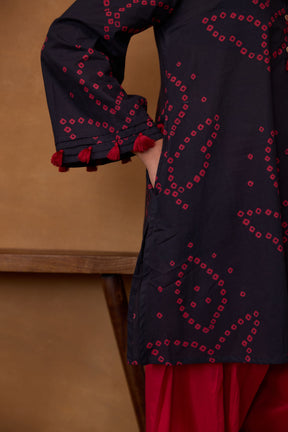 Black Bandhani Printed Kurta & Red Farsi Salwar Co-ord Set
