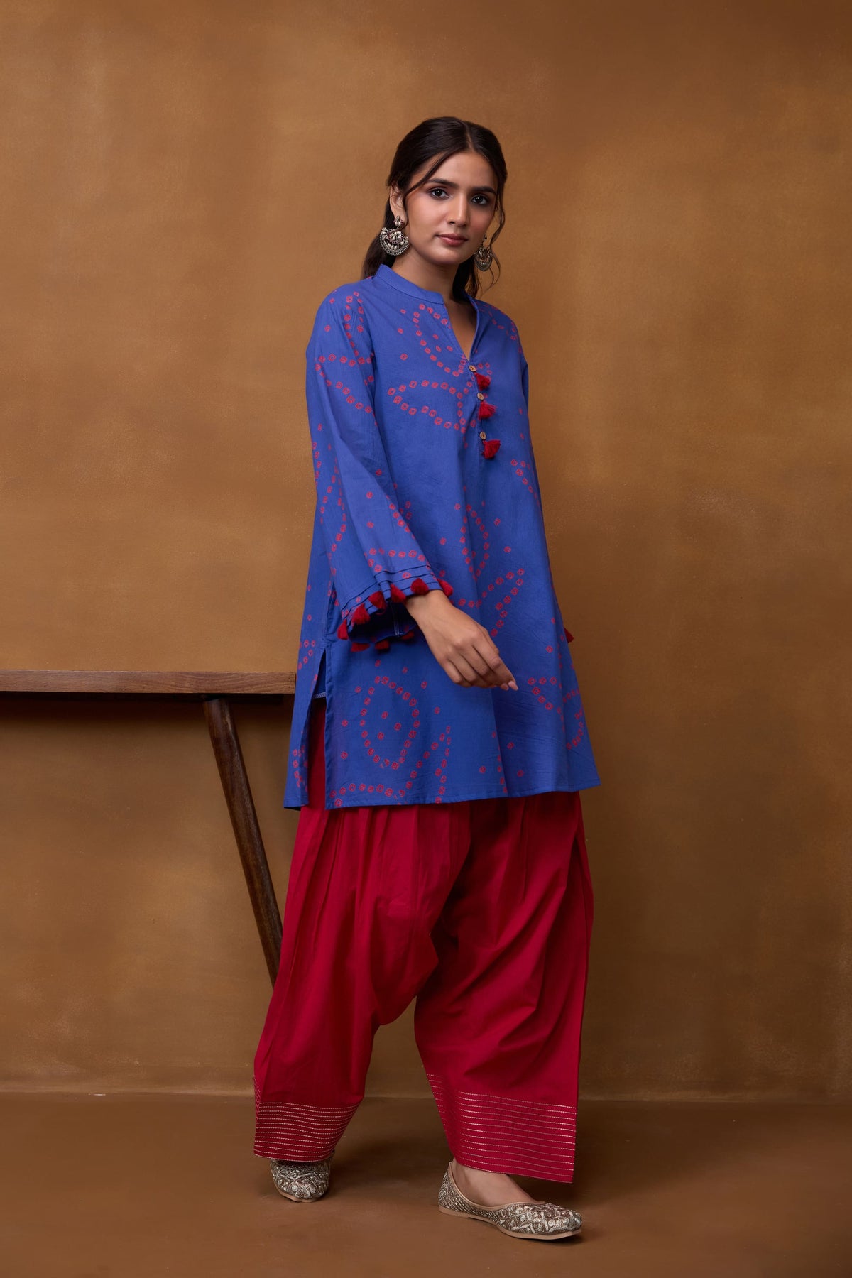 Blue Bandhani Printed Kurta & Red Farsi Salwar Co-ord Set